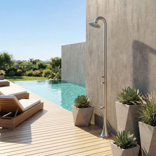 Doccia temporizzata in acciaio inox 316L satinato con doppio pulsante