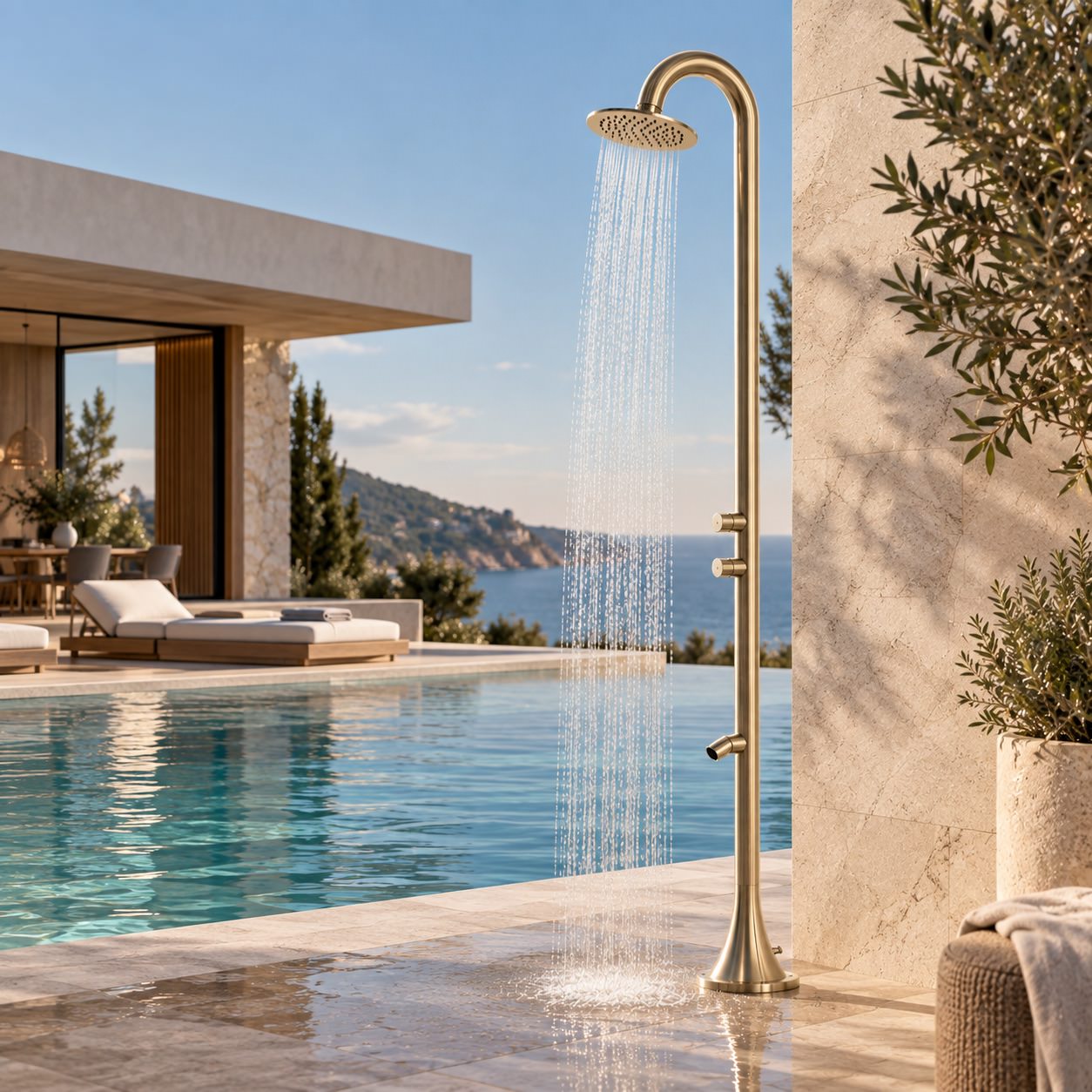 Doccia esterna oro in acciaio inox 316L con temporizzatore getto acqua fredda