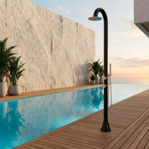 Doccia nera in acciaio inox 316L con doppio ingresso e doccino flessibile
