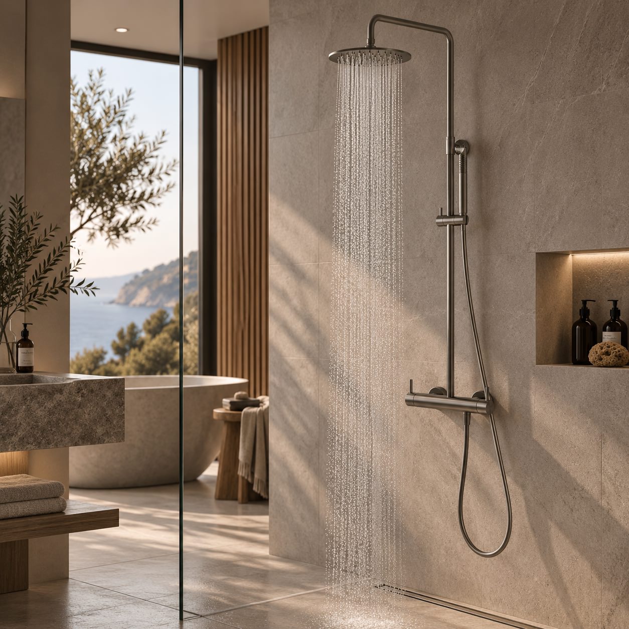 Doccia da parete in acciaio inox 316L canna fucile doppio miscelatore