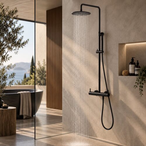 Doccia da parete nera in acciaio inox 316L soffione e doccino