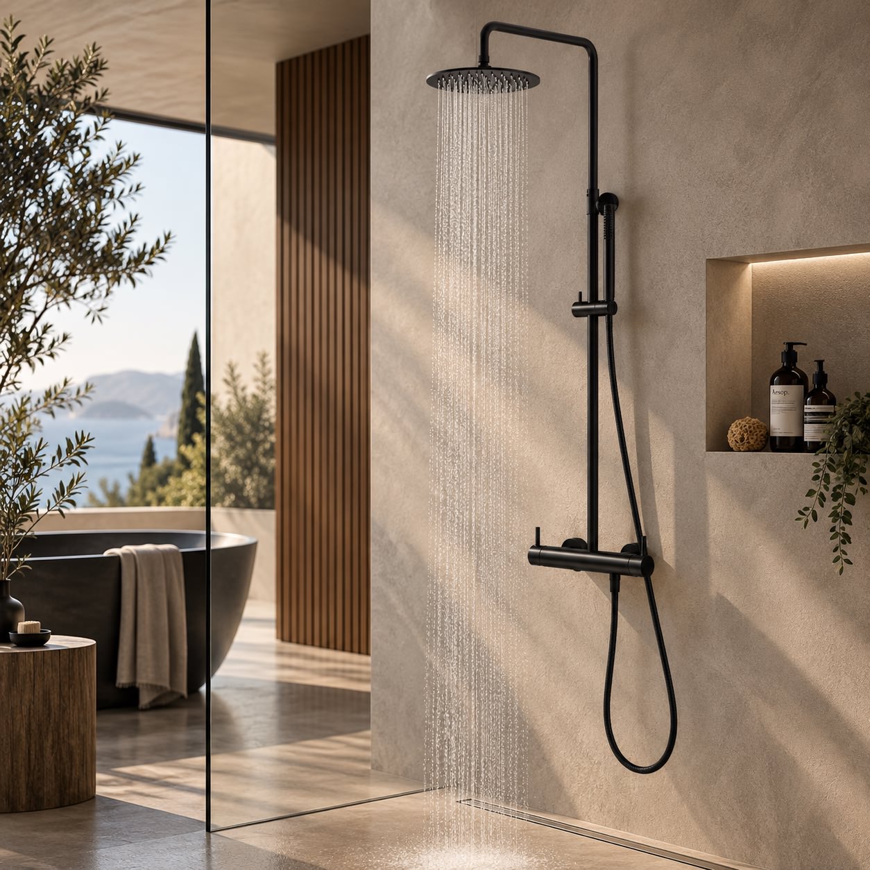 Doccia da parete nera in acciaio inox 316L soffione e doccino