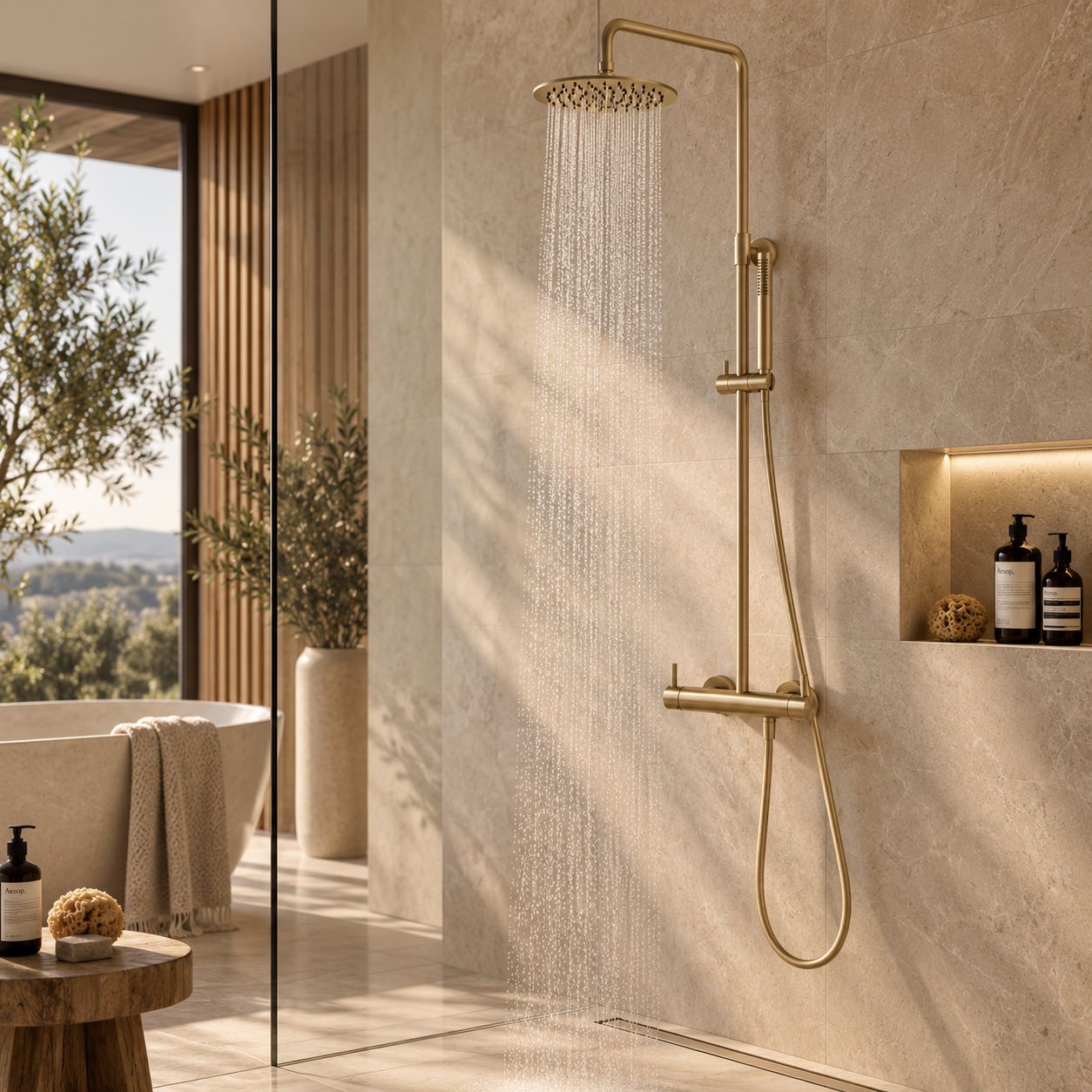 Doccia da parete oro in acciaio inox 316L soffione 25 cm e doccino