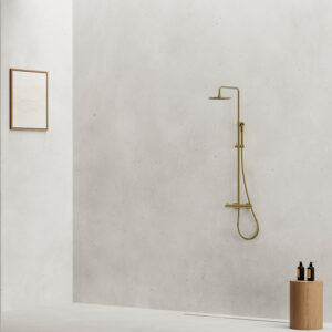 Doccia da parete in inox 316L oro con miscelatore termostatico e soffione 25 cm