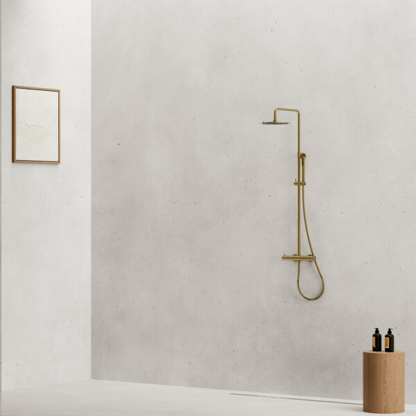 Doccia da parete in inox 316L oro con miscelatore termostatico e soffione 25 cm