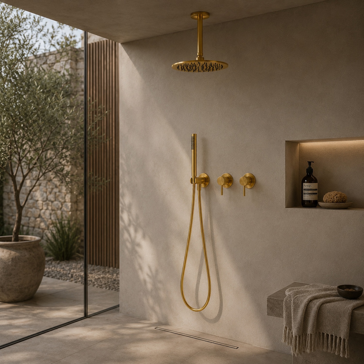 Kit doccia a soffitto oro braccio 30 cm in acciaio inox 316L