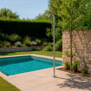 Doccia piscina esterna inox satinato 316 con lavapiedi e miscelatore caldo-freddo