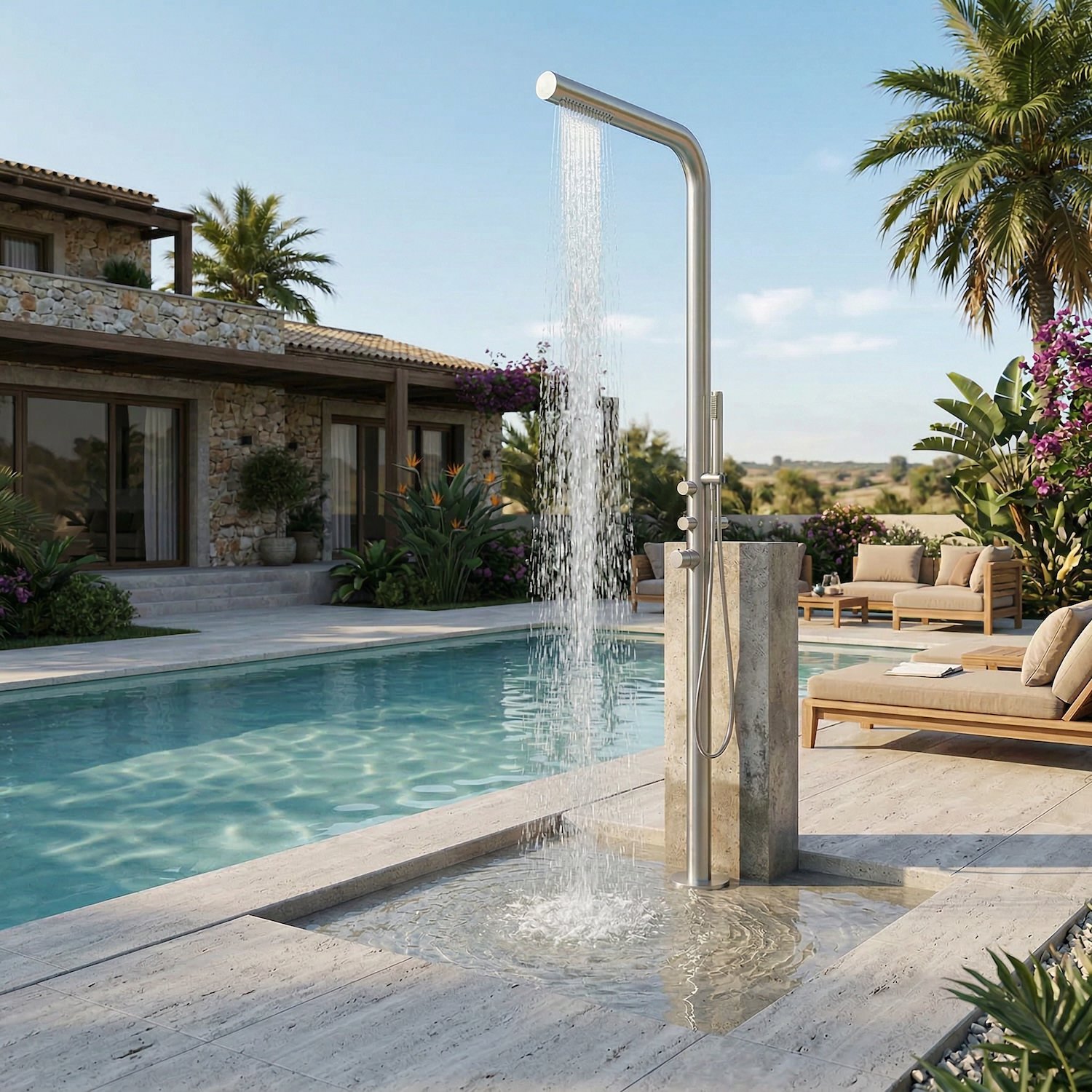 MX1016-INOX-ambientata Doccia piscina inox in acciaio inox 316L finitura inox