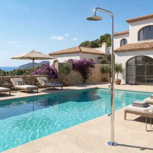 Doccia piscina inox in acciaio inox 316L con soffione 25 cm e lavapiedi temporizzato