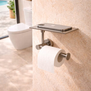Porta rotolo in acciaio inox satinato con ripiano dappoggio