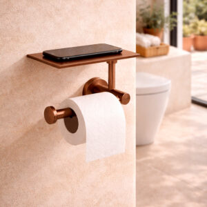 Porta rotolo in acciaio inox 316L satinato oro rosa con ripiano dappoggio