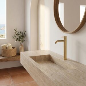 Rubinetto miscelatore lavabo oro in acciaio inox 316L resistente e moderno