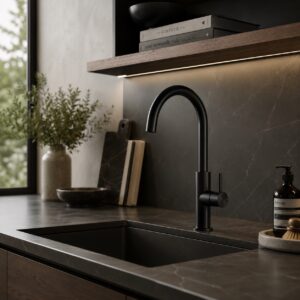 Rubinetto cucina alto nero in acciaio inox 316L resistente e durevole