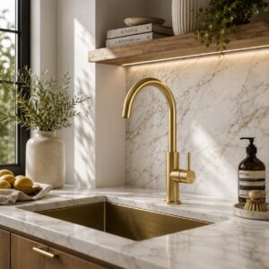Rubinetto cucina alto in acciaio inox 316L colore oro resistente alla corrosione