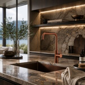 Rubinetto cucina monoforo in acciaio 316L oro rosa con bocca girevole e doccetta