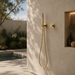 Kit doccino a muro oro in acciaio inox 316L anticorrosione per esterni e bagno moderno