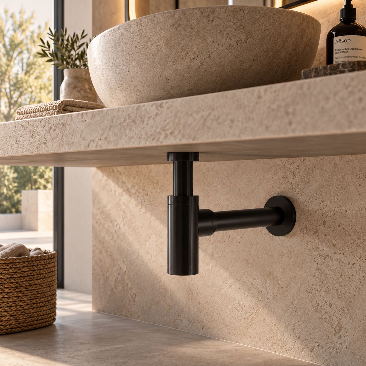 Sifone di scarico per lavandino o bidet in acciaio inox 316L nero