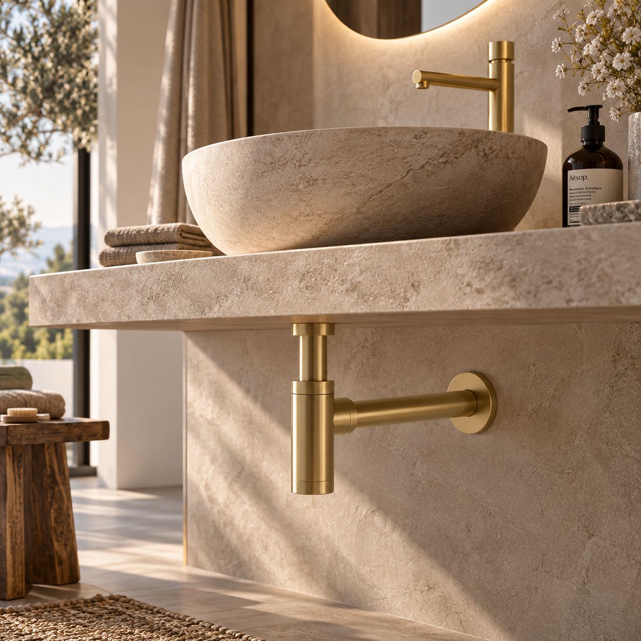 Sifone di scarico per lavandino in acciaio inox 316L oro PVD
